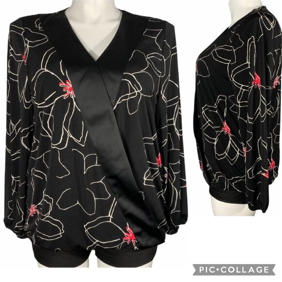 Alfani Womens Blouse Top Faux Wrap Floral Print Long Sleeves Black White Pink M - Picture 1 of 15
